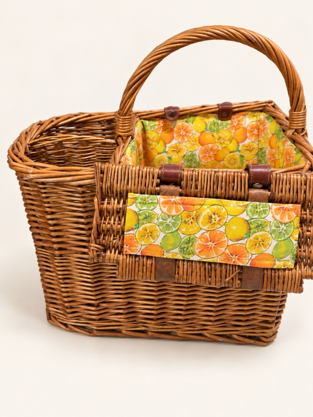 Vintage Wicker Picnic Basket with Citrus Lining & Wine Bottle Compartments